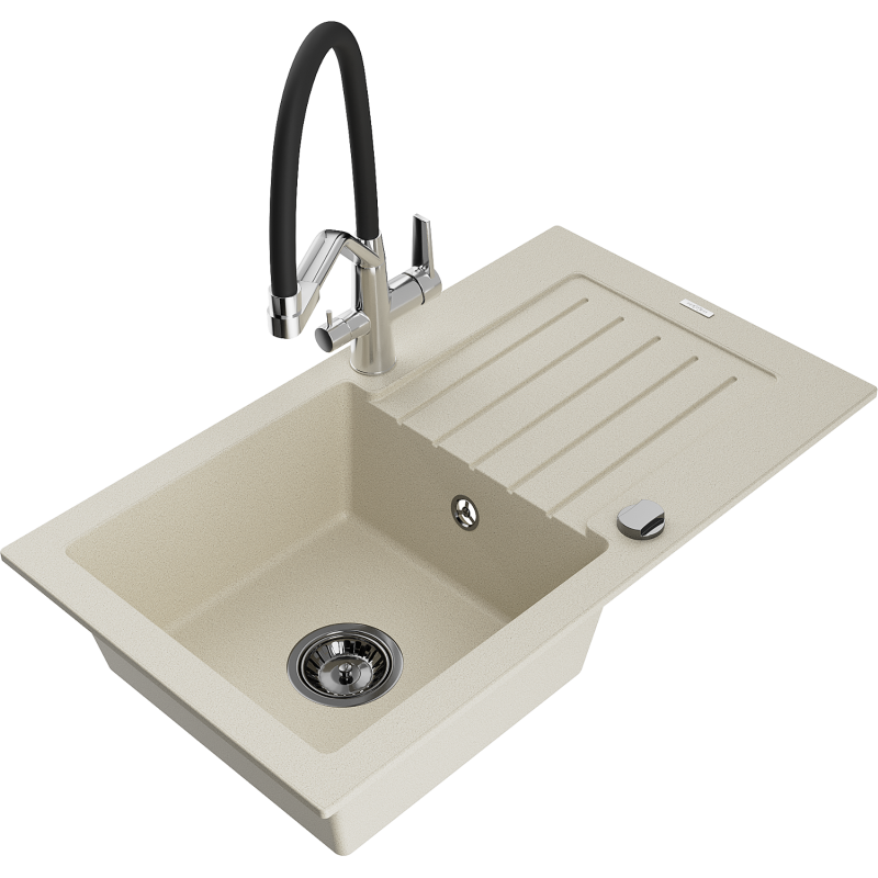 Mexen Pablo lavello in granito con 1 vasca e scolapiatti e miscelatore da cucina Duo, beige - 6510-69-671701-07-B