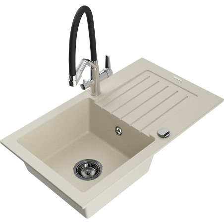 Mexen Pablo Granitspüle 1-becken mit Abtropffläche und Kücharmatur Duo, beige - 6510-69-671701-07-B