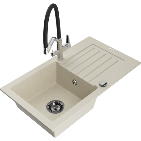 Mexen Pablo single-bowl granite sink with drainer and Duo kitchen tap, beige - 6510-69-671701-07-B