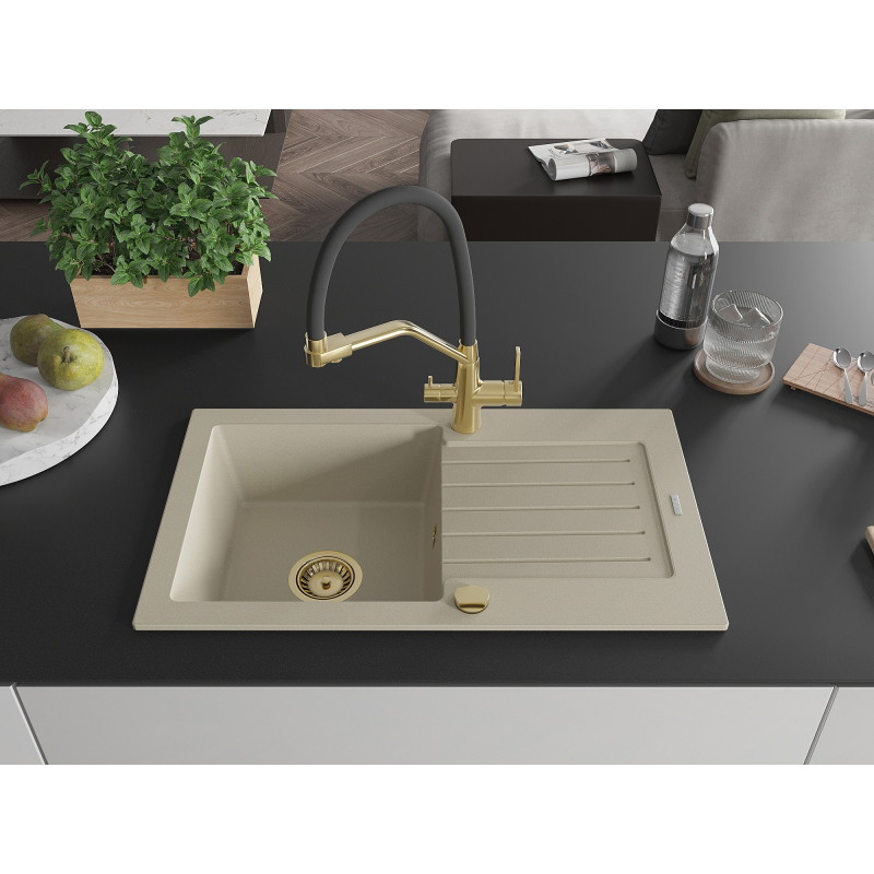 Mexen Pablo fregadero de granito de 1 cubeta con escurridor y grifo de cocina Duo, beige - 6510-69-671701-57-G