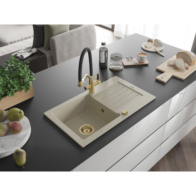Mexen Pablo granite sink 1-bowl with drainer and Duo kitchen tap, beige - 6510-69-671701-57-G