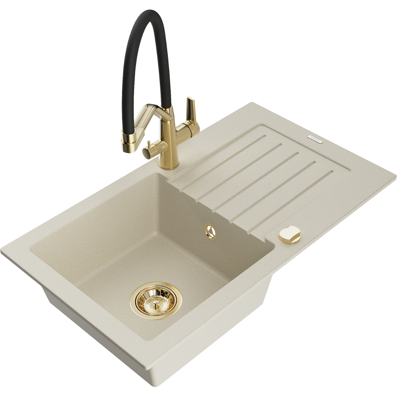Mexen Pablo fregadero de granito 1 cubeta con escurridor y grifo de cocina Duo, beige - 6510-69-671701-57-G