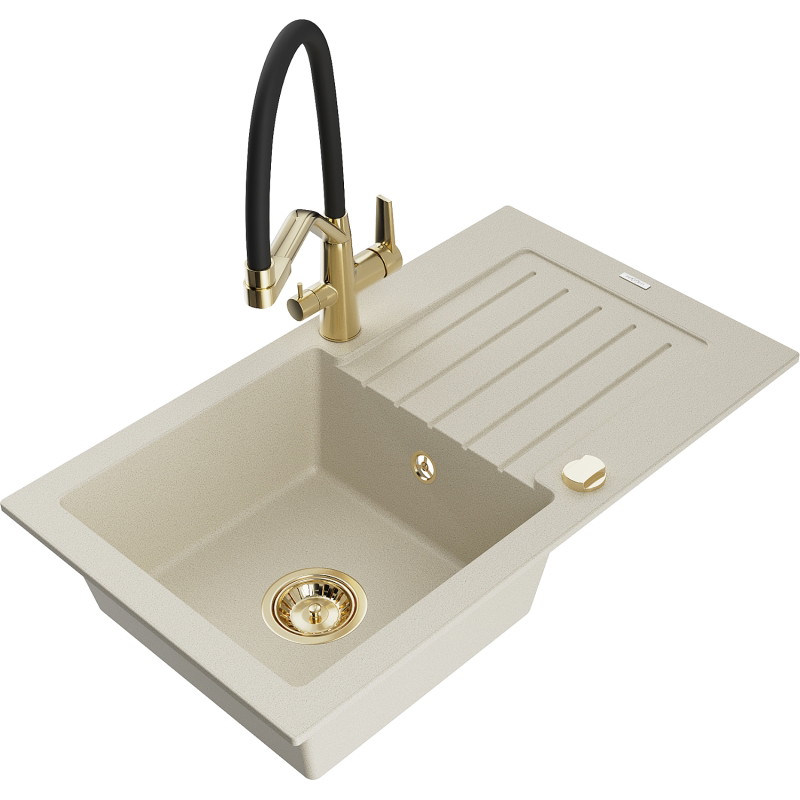 Mexen Pablo granitische spoelbak 1-komor met afdruiprek en keukenmengkraan Duo, beige - 6510-69-671701-57-G