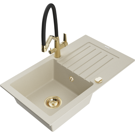 Mexen Pablo fregadero de granito 1 cubeta con escurridor y grifo de cocina Duo, beige - 6510-69-671701-57-G