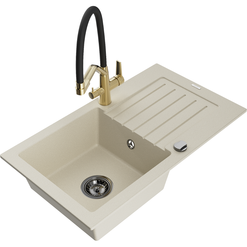 Mexen Pablo granitdiskbänk med en ho och avloppsplatta och Duo köksblandare, beige - 6510-69-671701-57-B