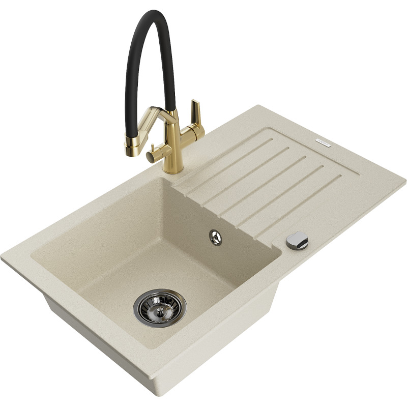Mexen Pablo Granitspüle 1-Becken mit Abtropffläche und Küchenarmatur Duo, beige - 6510-69-671701-57-B