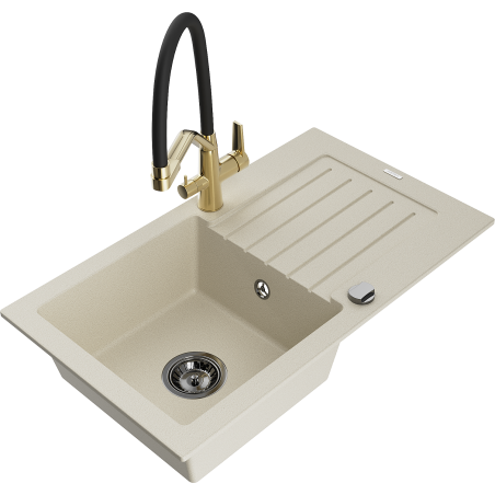Mexen Pablo granieten gootsteen 1-komors met afdruiprek en keukenmengkraan Duo, beige - 6510-69-671701-57-B