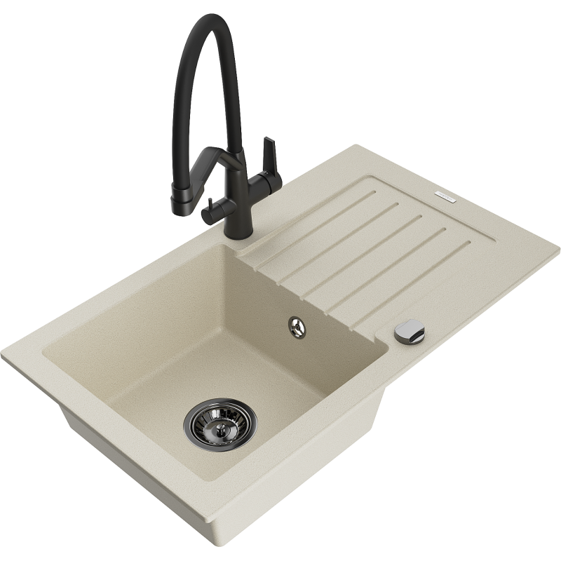 Mexen Pablo enkel ho diskbänk i granit med avrinning och Duo köksblandare, beige - 6510-69-671701-70-B