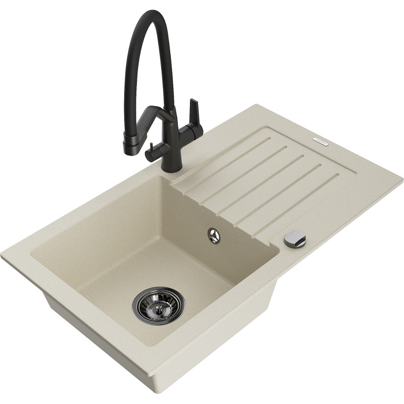 Mexen Pablo fregadero de granito de 1 seno con escurridor y grifo de cocina Duo, beige - 6510-69-671701-70-B