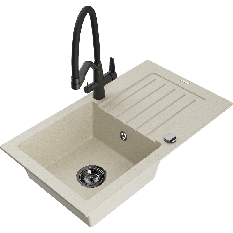 Mexen Pablo Granit-Abauwaschbecken mat enger Kummer mat Oflaaf an Duo Kichenkran, beige - 6510-69-671701-70-B