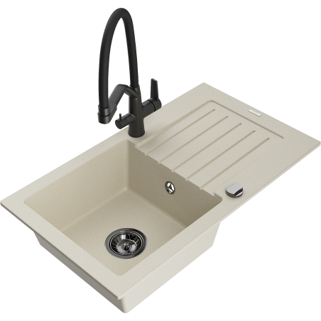 Mexen Pablo granit gootsteen 1-kompartment met afdruiprek en keukenmengkraan Duo, beige - 6510-69-671701-70-B