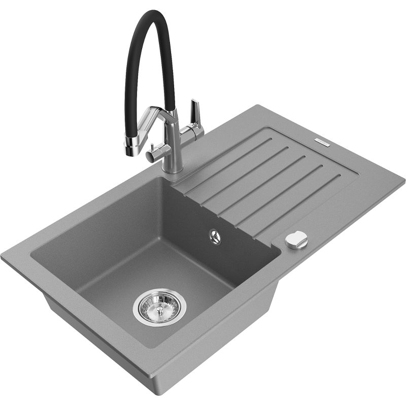 Mexen Pablo lava-louça de granito 1-bacia com escorredor e torneira de cozinha Duo, cinza - 6510-71-671701-07