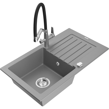 Mexen Pablo fregadero de granito de 1 cubeta con escurridor y grifo de cocina Duo, gris - 6510-71-671701-07