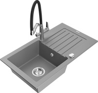 Mexen Pablo granite single-bowl sink with drainer and Duo kitchen tap, grey - 6510-71-671701-07