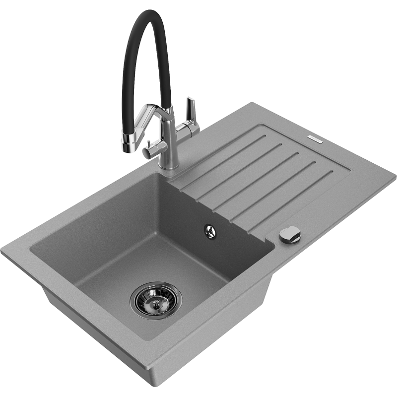 Mexen Pablo lava-loiça de granito, 1-cuba com escorredor e torneira de cozinha Duo, cinza - 6510-71-671701-07-B