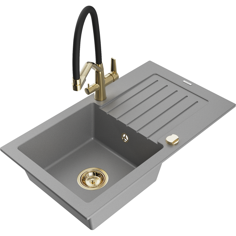 Mexen Pablo granitdiskbänk enkelho med avrinning och köksblandare Duo, grå - 6510-71-671701-57-G
