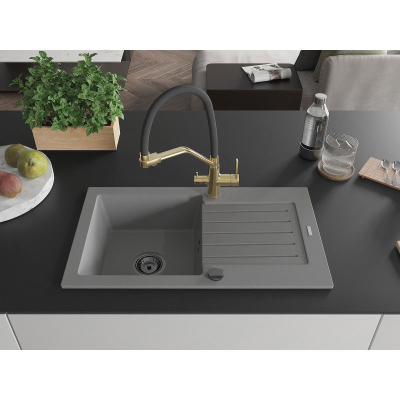Mexen Pablo granite sink 1-bowl with drainer and Duo kitchen tap, grey - 6510-71-671701-57-B