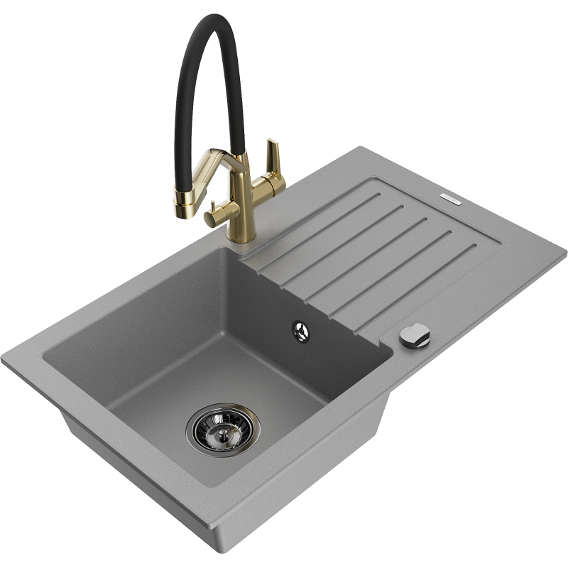 Mexen Pablo fregadero de granito de 1 seno con escurridor y grifo de cocina Duo, gris - 6510-71-671701-57-B