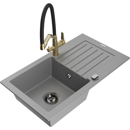 Mexen Pablo granite sink 1-bowl with drainer and Duo kitchen tap, grey - 6510-71-671701-57-B