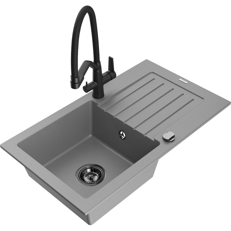 Mexen Pablo fregadero de granito de 1 seno con escurridor y grifo de cocina Duo, gris - 6510-71-671701-70-B