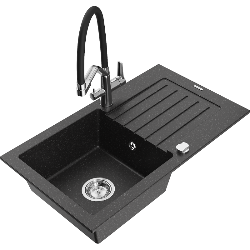 Mexen Pablo graniittinen 1-osainen keittiöallas valutusalueella ja keittiöhanalla Duo, musta/hopea metallihohto