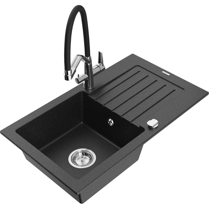 Mexen Pablo Granitspüle 1-Becken mit Abtropffläche und Küchenarmatur Duo, schwarz/silber metallic - 6510-73-671701-07