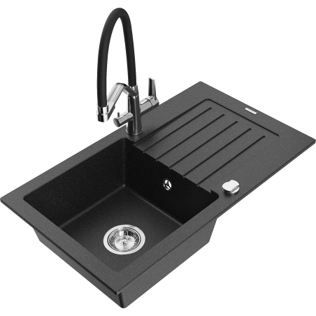 Mexen Pablo Granitspüle 1-Becken mit Abtropfbrett und Küchenarmatur Duo, schwarz/silber metallic - 6510-73-671701-07