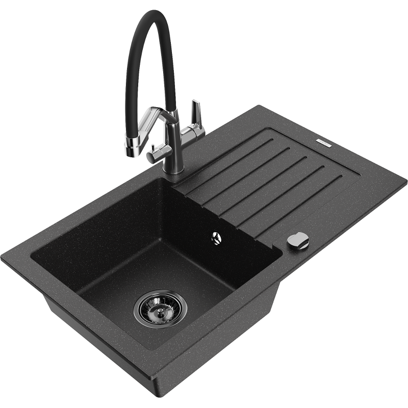 Mexen Pablo Granitspüle 1-becken mit Abtropffläche und Küchenarmatur Duo, schwarz/silber Metallic - 6510-73-671701-07-B