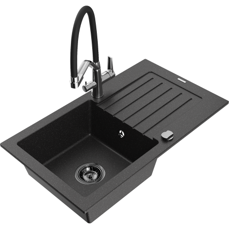 Mexen Pablo fregadero de granito de 1 cubeta con escurridor y grifo de cocina Duo, negro/metalizado plateado
