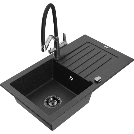 Mexen Pablo Granitspüle 1-becken mit Abtropffläche und Küchenarmatur Duo, schwarz/silber Metallic - 6510-73-671701-07-B