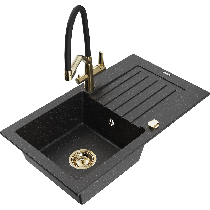 Mexen Pablo 1-bowl granite sink with drainer and Duo kitchen tap, black/silver metallic - 6510-73-671701-57-G