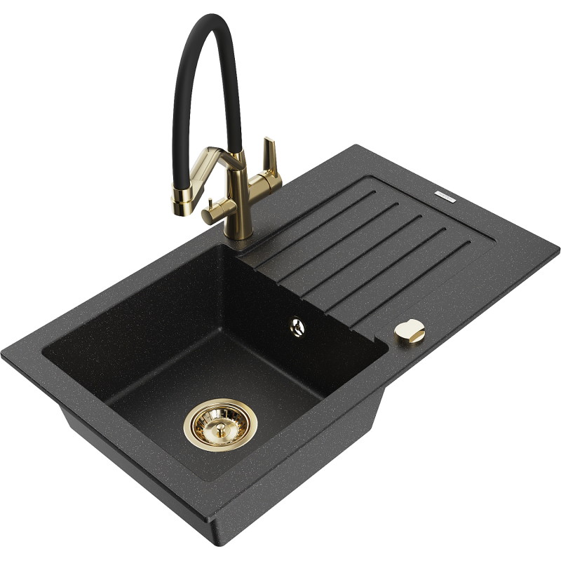 Mexen Pablo granitische spoelbak met 1 kom, afdruiprek en keukenkraan Duo, zwart/zilver metallic - 6510-73-671701-57-G