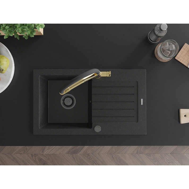 Mexen Pablo granite sink with 1 bowl, drainer, and Duo kitchen tap, black/silver metallic - 6510-73-671701-57-B