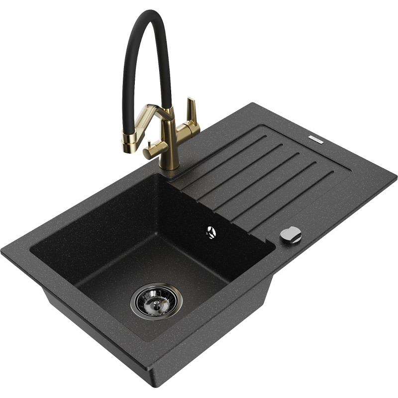 Mexen Pablo granieten spoelbak 1-komors met afdruiprek en keukenkraan Duo, zwart/zilveren metallic - 6510-73-671701-57-B