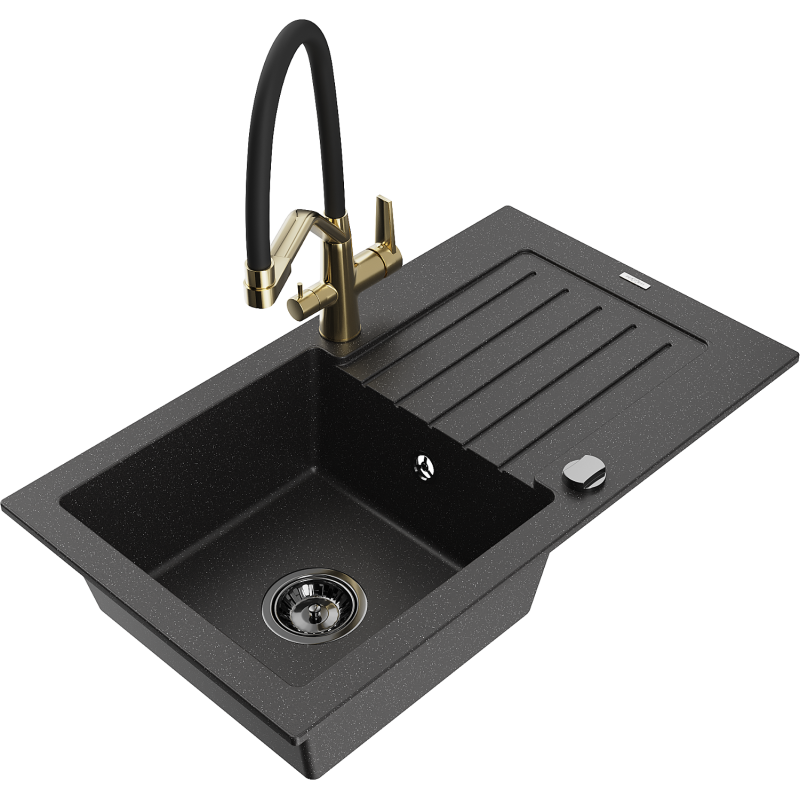 Mexen Pablo granite sink with 1 bowl, drainer, and Duo kitchen tap, black/silver metallic - 6510-73-671701-57-B