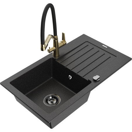 Mexen Pablo granite sink with 1 bowl, drainer, and Duo kitchen tap, black/silver metallic - 6510-73-671701-57-B