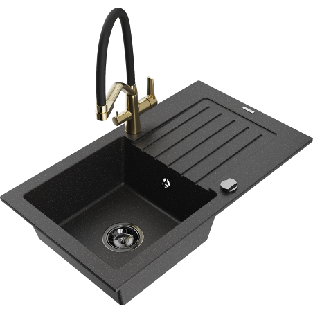 Mexen Pablo Granitspüle ein Becken mit Abtropffläche und Küchenarmatur Duo, schwarz/silberner Metallic - 6510-73-671701-57-B