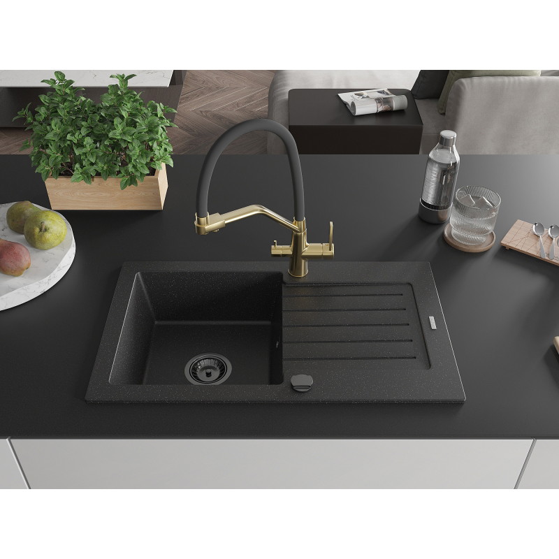 Mexen Pablo Granitspüle 1-Becken mit Abtropffläche und Küchenarmatur Duo, schwarz/silber metallic - 6510-73-671701-57-B