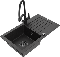 Mexen Pablo granite sink 1-bowl with drainer and Duo kitchen tap, black/silver metallic - 6510-73-671701-70-B