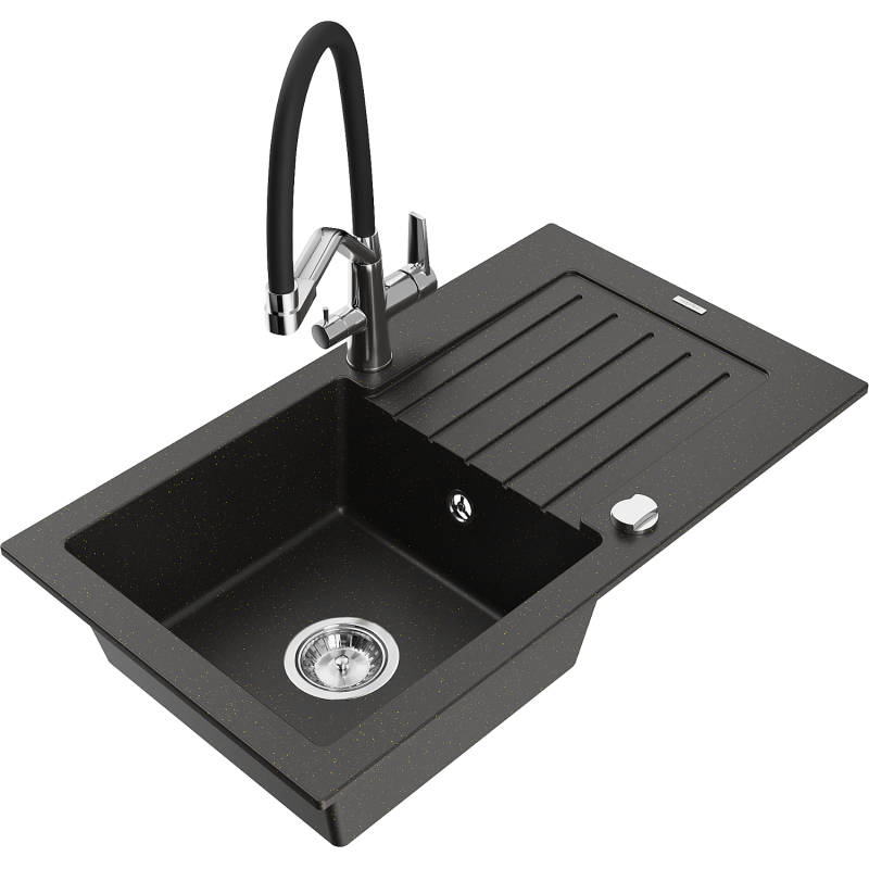 Mexen Pablo fregadero de granito de 1 seno con escurridor y grifo de cocina Duo, negro/dorado metálico - 6510-75-671701-07