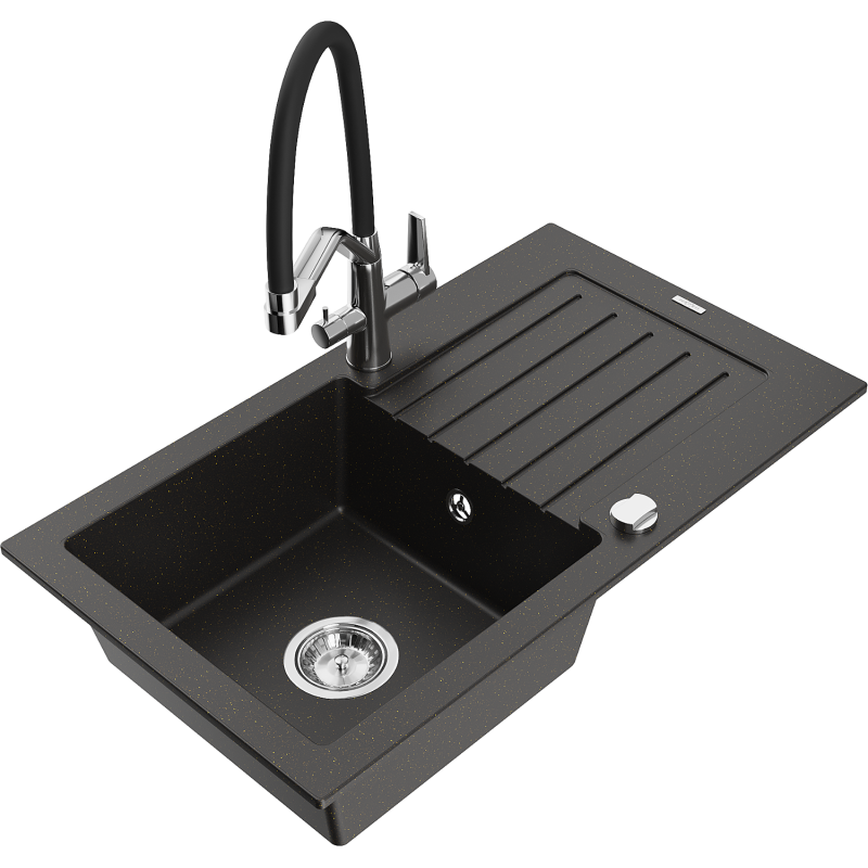 Mexen Pablo granite sink 1-bowl with drainer and Duo kitchen tap, black/gold metallic - 6510-75-671701-07