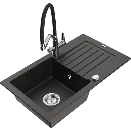 Mexen Pablo fregadero de granito de 1 seno con escurridor y grifo de cocina Duo, negro/dorado metálico - 6510-75-671701-07