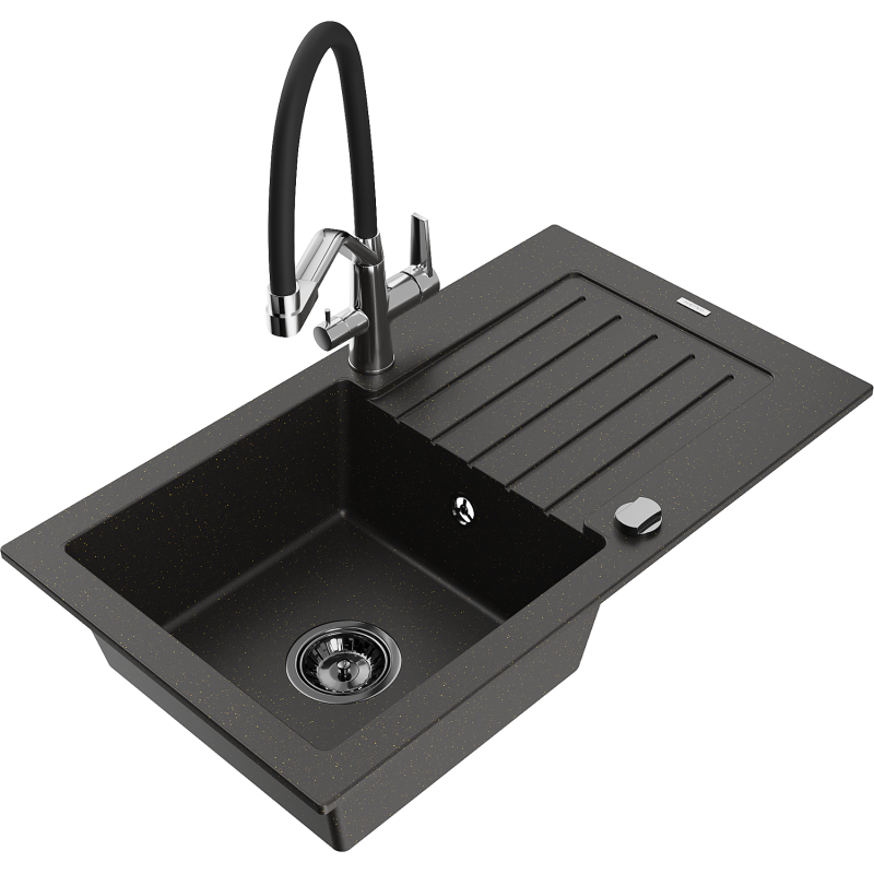 Mexen Pablo granite sink 1-bowl with drainer and Duo kitchen tap, black/gold metallic - 6510-75-671701-07-B