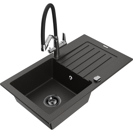 Mexen Pablo granite sink 1-bowl with drainer and Duo kitchen tap, black/gold metallic - 6510-75-671701-07-B
