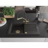 Mexen Pablo Granitspüle 1-beckig mit Abtropffläche und Küchenarmatur Duo, schwarz/goldener Metallic - 6510-75-671701-57-G