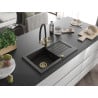 Mexen Pablo Granitspüle 1-beckig mit Abtropffläche und Küchenarmatur Duo, schwarz/goldener Metallic - 6510-75-671701-57-G