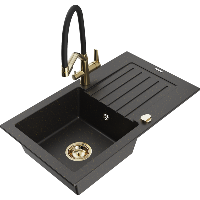 Mexen Pablo Granitspüle 1-beckig mit Abtropffläche und Küchenarmatur Duo, schwarz/goldener Metallic - 6510-75-671701-57-G