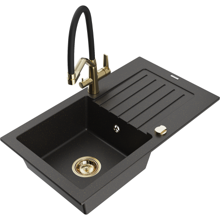 Mexen Pablo granitische spoelbak met 1 bak en druiprek en keukenkraan Duo, zwart/goud metallic - 6510-75-671701-57-G