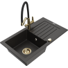 Mexen Pablo 1-bowl granite sink with drainer and Duo kitchen tap, black/gold metallic - 6510-75-671701-57-G
