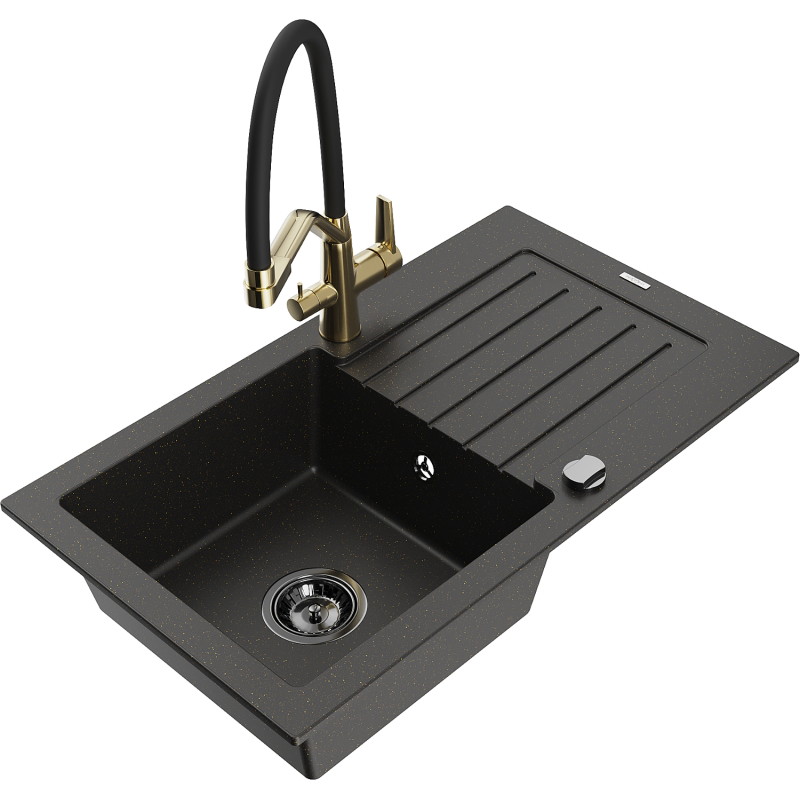 Mexen Pablo fregadero de granito de 1 tazón con escurridor y grifo de cocina Duo, negro/oro metálico - 6510-75-671701-57-B
